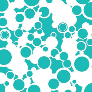 Abstract pattern of overlapping circles in various sizes on a teal background
