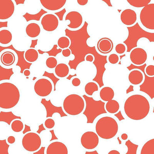 Abstract pattern of interconnected circles and round shapes in white and red