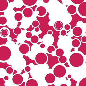 Abstract pattern of overlapping white and crimson circles of various sizes on a square background