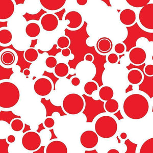 Abstract pattern of overlapping circles in various sizes on a red background