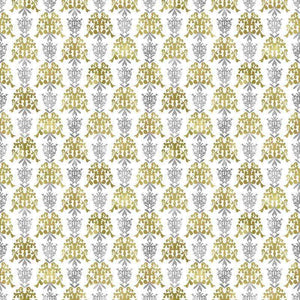 Intricate golden and silver floral pattern on a white background