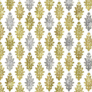 Repeated damask pattern in golden and gray hues