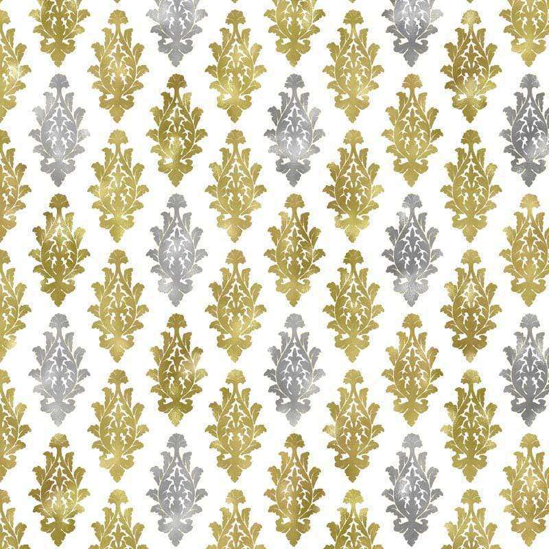Repeated damask pattern in golden and gray hues