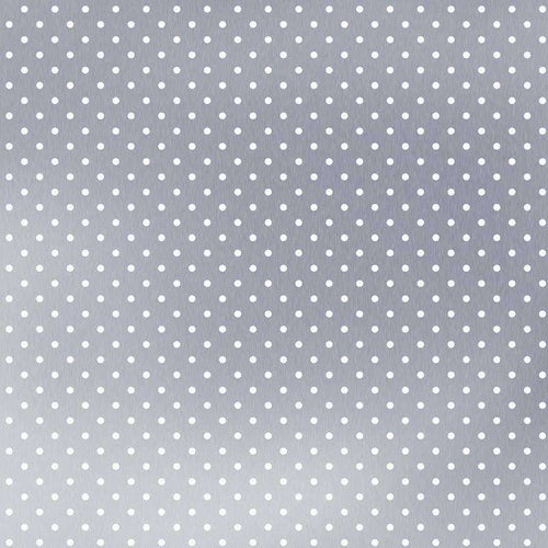 Evenly spaced white polka dots on a textured silver background