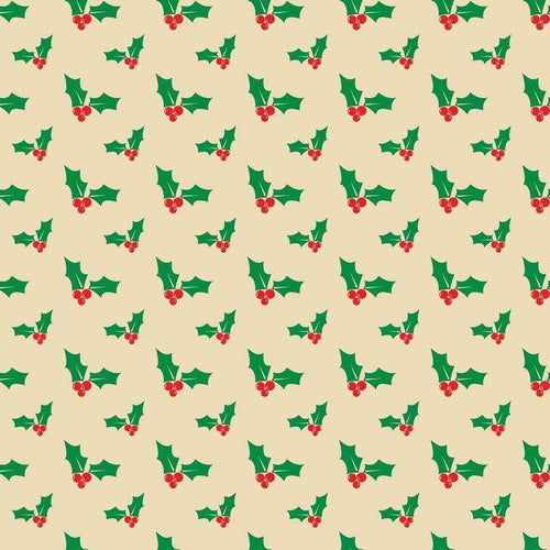 Pattern of green holly leaves with red berries on a beige background