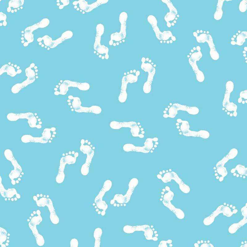 Assorted white footprint patterns on a sky blue background