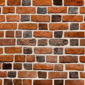 Close-up of a brick wall with various shades of red and orange bricks