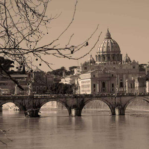 Sepia-tone image of a historic riverside cityscape