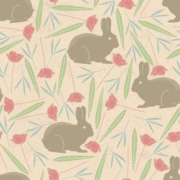 Illustration of rabbits and roses on a patterned background