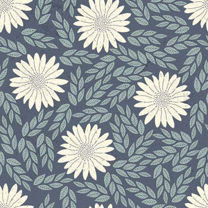 Printed pattern of white daisies with grey leaves on a dark blue background