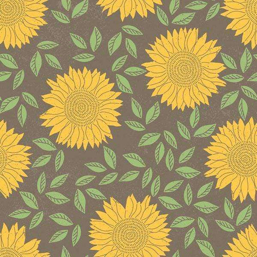 Illustrated sunflower pattern on a taupe background
