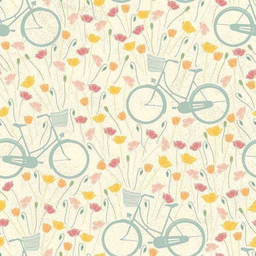 Pastel-colored pattern with bicycles and tulips
