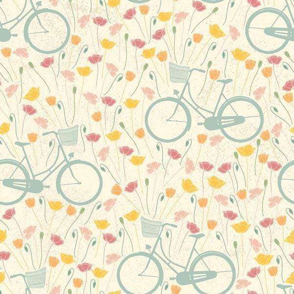 Pastel-colored pattern with bicycles and tulips