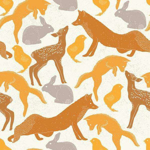 Illustrated woodland animals pattern including foxes, bunnies, and fawns