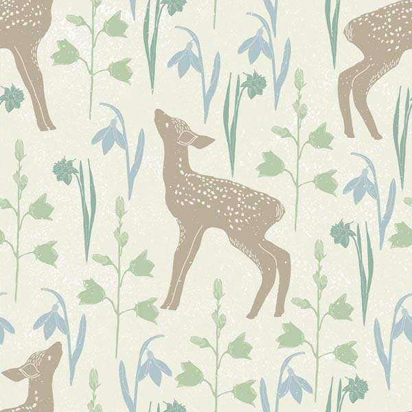 Pattern with deer and flora on a cream background