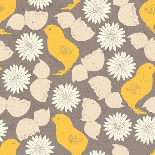 A playful pattern of yellow birds and white daisies on a taupe background