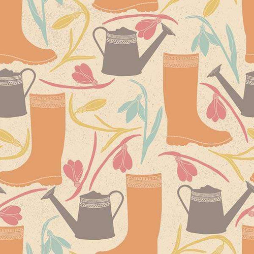 Vintage gardening pattern with watering cans and boots
