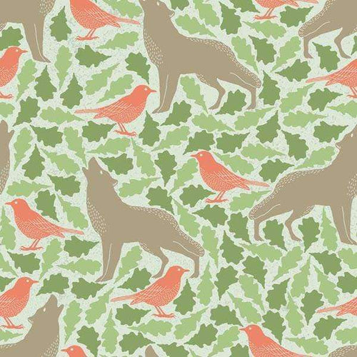 Red and brown forest animal pattern on a green leafy background