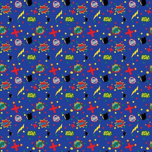 Colorful comic book style pattern with 'BOOM', 'ZAP', and 'BAM' expressions