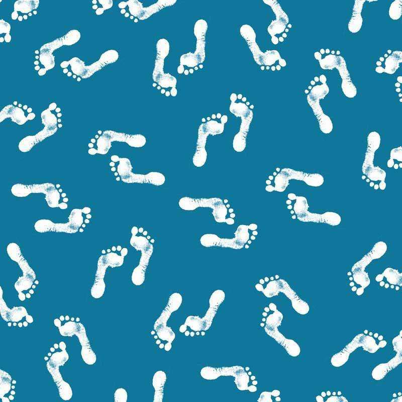 White footprint patterns on a teal background
