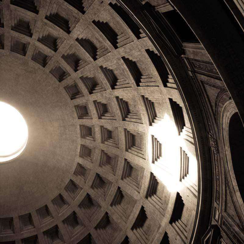 Dramatic view of a domed ceiling with radiating architecture
