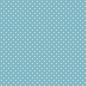 Scattered white polka dots on a soft blue background