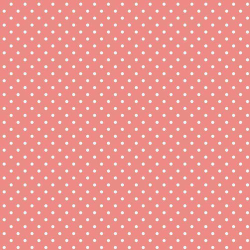 Repeated white polka dots on a coral background
