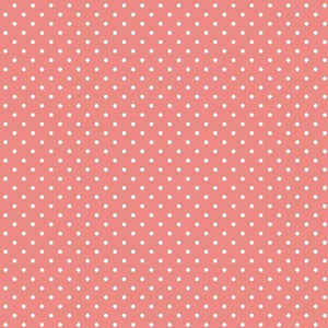 Repeated white polka dots on a coral background