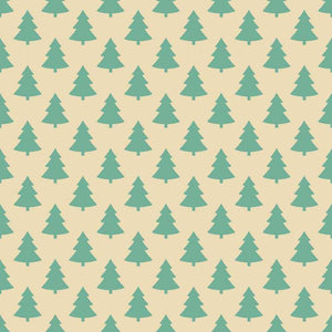 Seamless pattern of stylized teal Christmas trees on a cream background