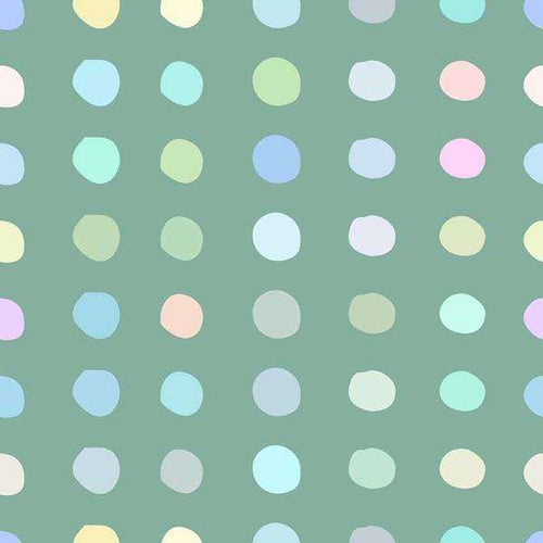 A variety of pastel colored polka dots on a muted green background