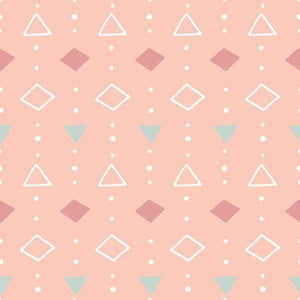 Abstract geometric pattern with squares, triangles, and dots on a pastel pink background