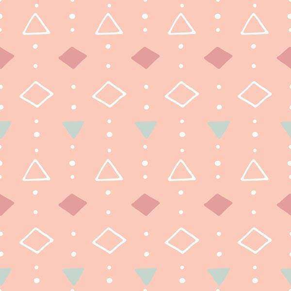 Abstract geometric pattern with squares, triangles, and dots on a pastel pink background