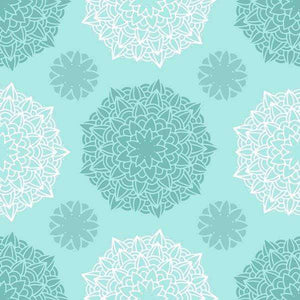 Mint green background with white floral mandala patterns