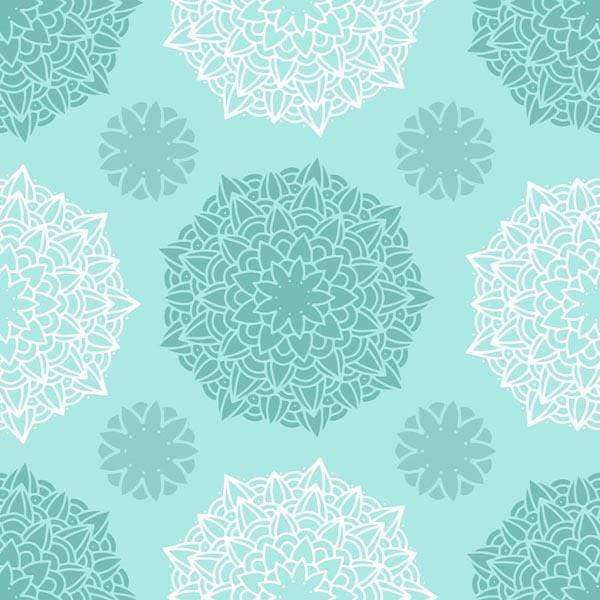 Mint green background with white floral mandala patterns