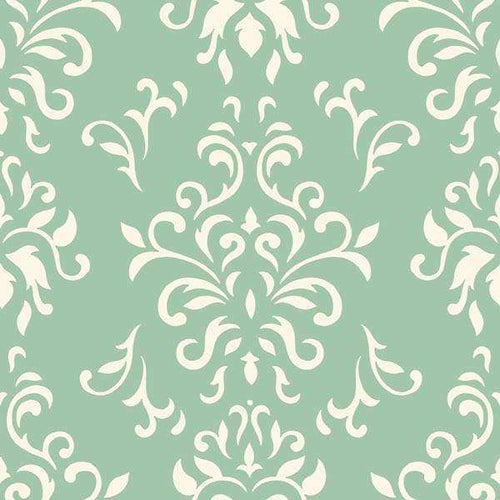 Elegant white fleur-de-lis pattern on sage green background