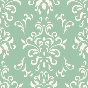 Elegant white fleur-de-lis pattern on sage green background