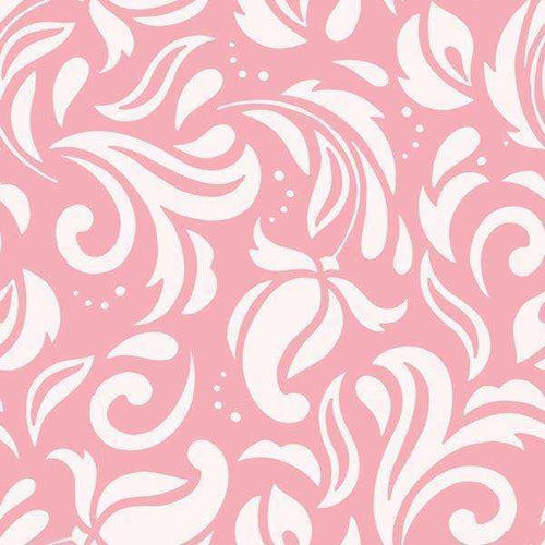 Pastel pink background with white paisley and floral pattern