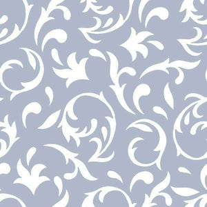 White floral swirl patterns on a silver background