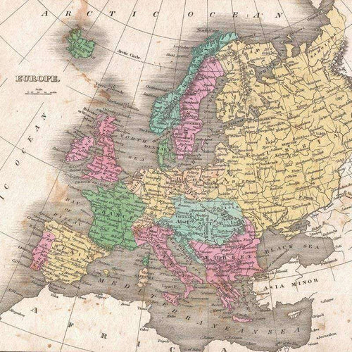 Antique map of Europe with aged color palette