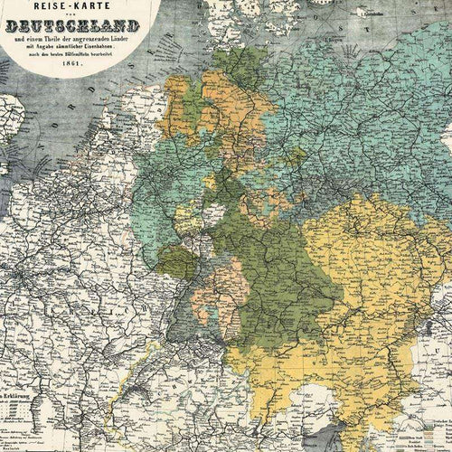 Antique-styled map pattern with various colors and text