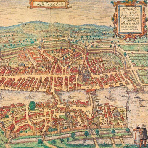 Antique illustrated map with a detailed depiction of a historic town