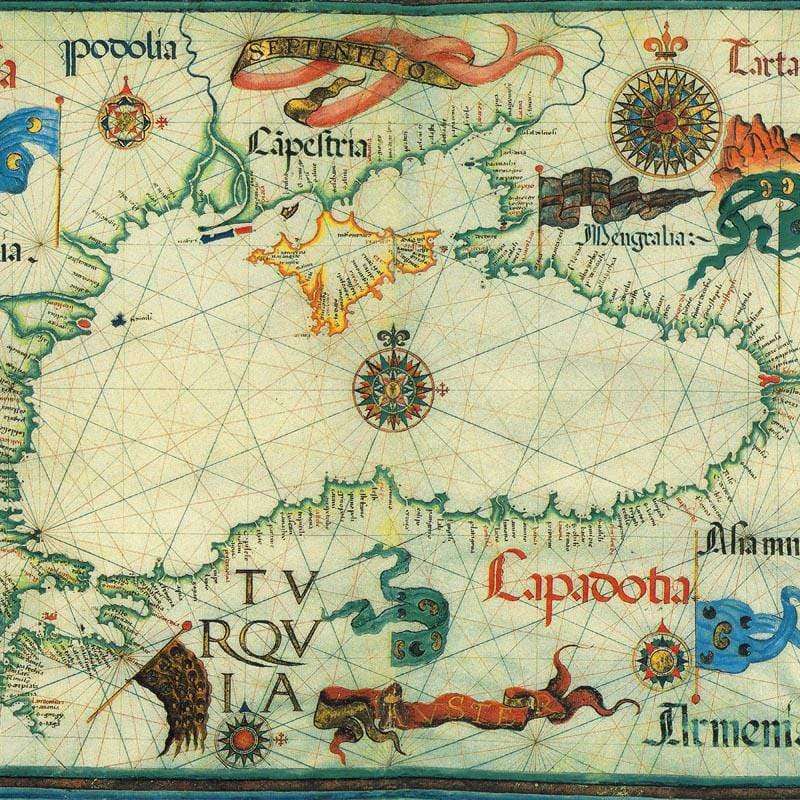 Old-world map with sea creatures and navigational elements