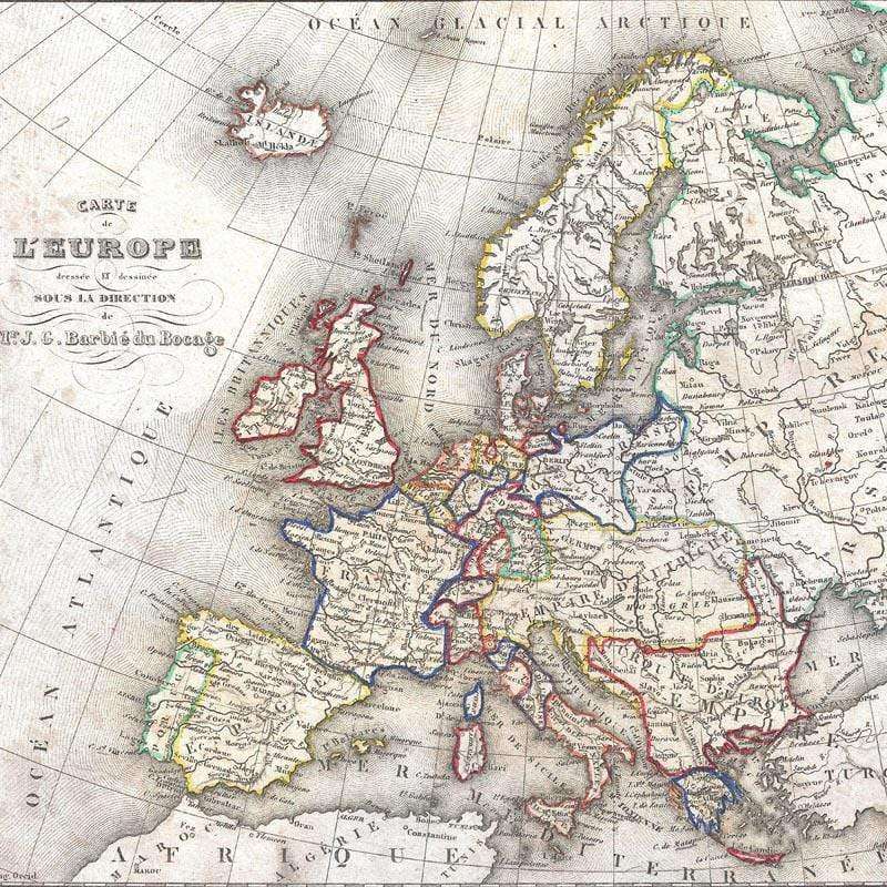 Antique-style map of Europe with geographical details