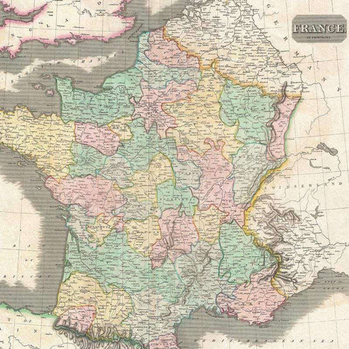 Aged map of France with colored regions