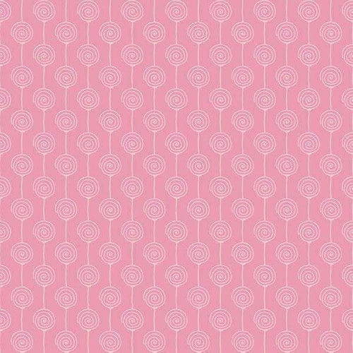 Repeated rose swirl pattern on a pink background