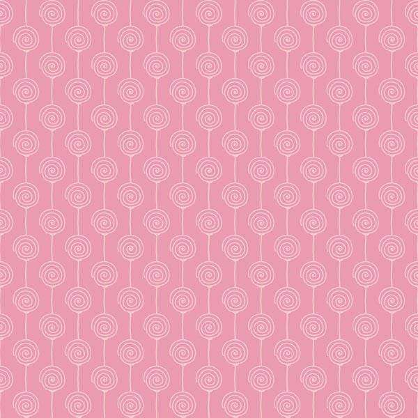 Repeated rose swirl pattern on a pink background