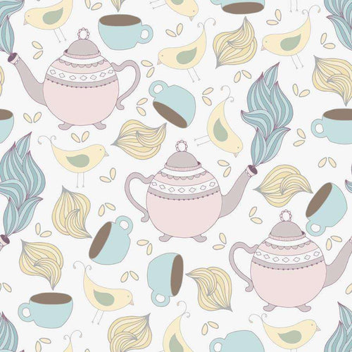 Seamless pattern with teapots, cups, birds, and leaves