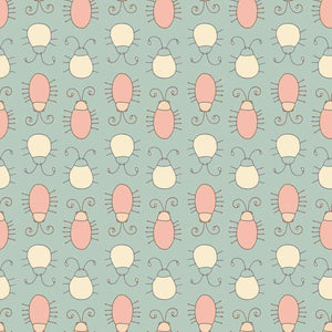 Pastel-colored bugs pattern on a muted green background
