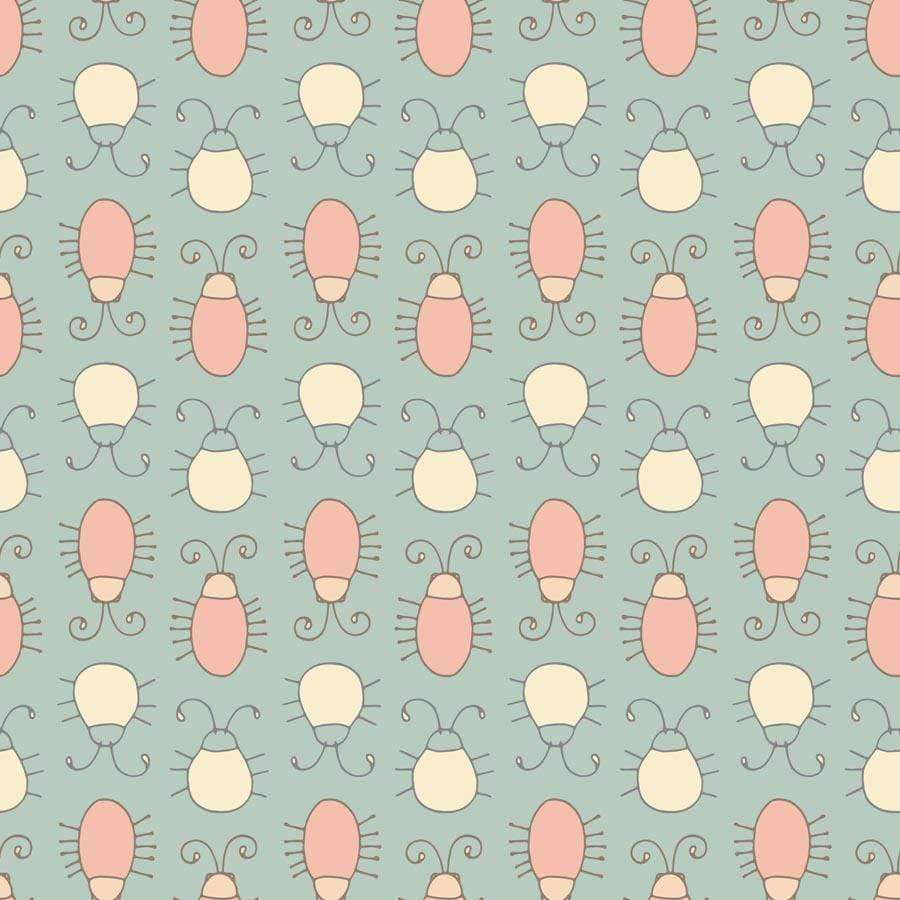 Pastel-colored bugs pattern on a muted green background