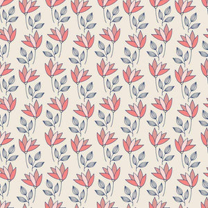 Seamless floral pattern with stylized red flowers and grey leaves on a pale background